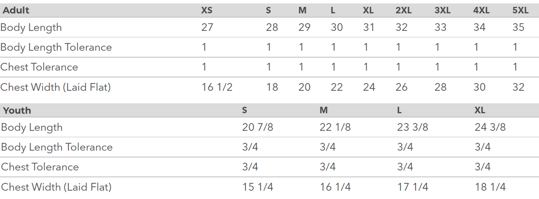 Size chart for a 3001CVC Bella + Canvas Unisex CVC Jersey Tee